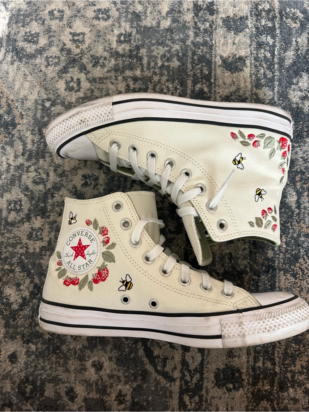 Converse High Top Sneakers in Cream with Berry & Bee Embroidery